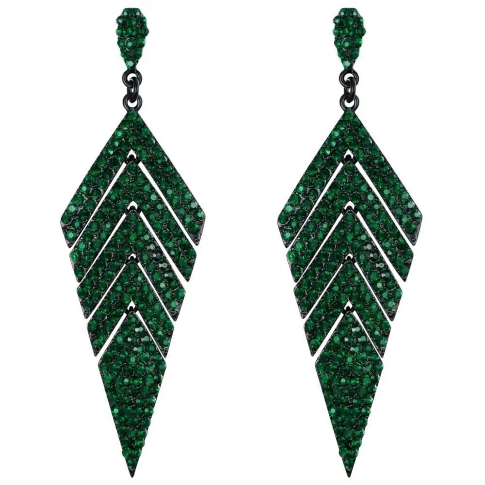 Carbon Black with Emerald Green Crystal Rhombus Banquet Chandelier Post Earrings